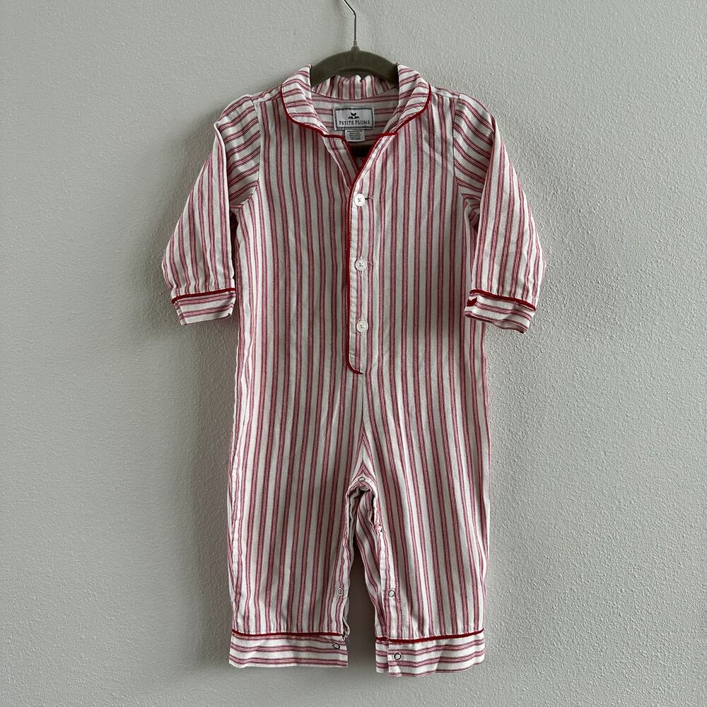 Petite Plume Baby's Twill Classic Romper in Antique Red Ticking 12-18M